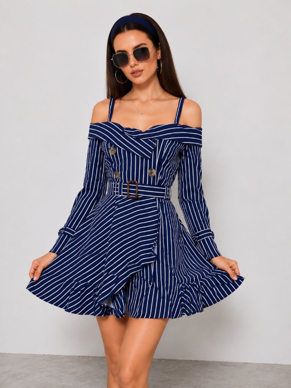 Blue White Striped Off Shoulder Wrap Dress Belted NWT
